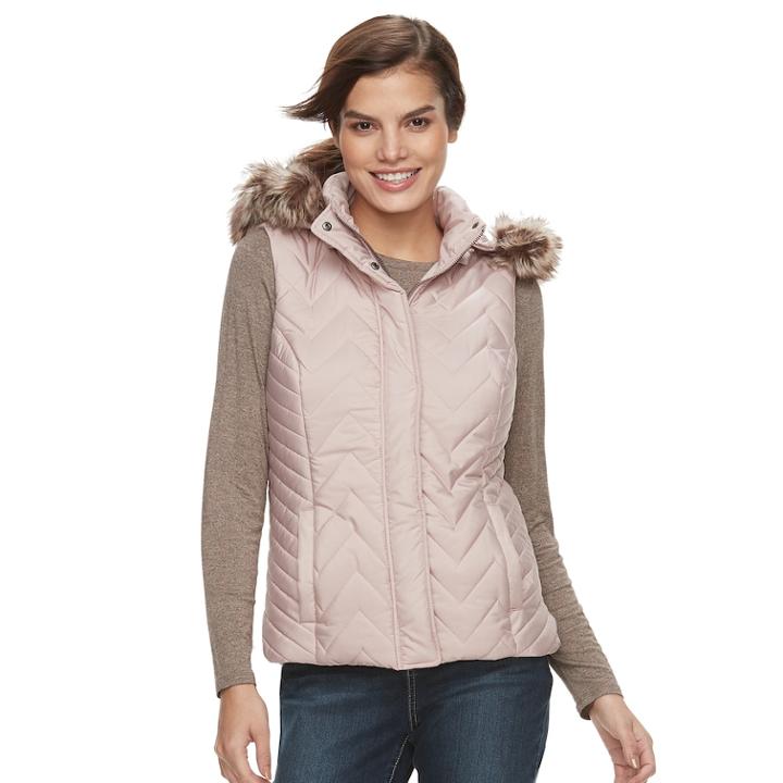 Women's Sebby Collection Hooded Chevron Puffer Vest, Size: Medium, Med Pink