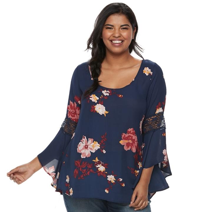 Juniors' Plus Size Heartsoul Crochet-sleeve Top, Teens, Size: 2xl, Dark Blue