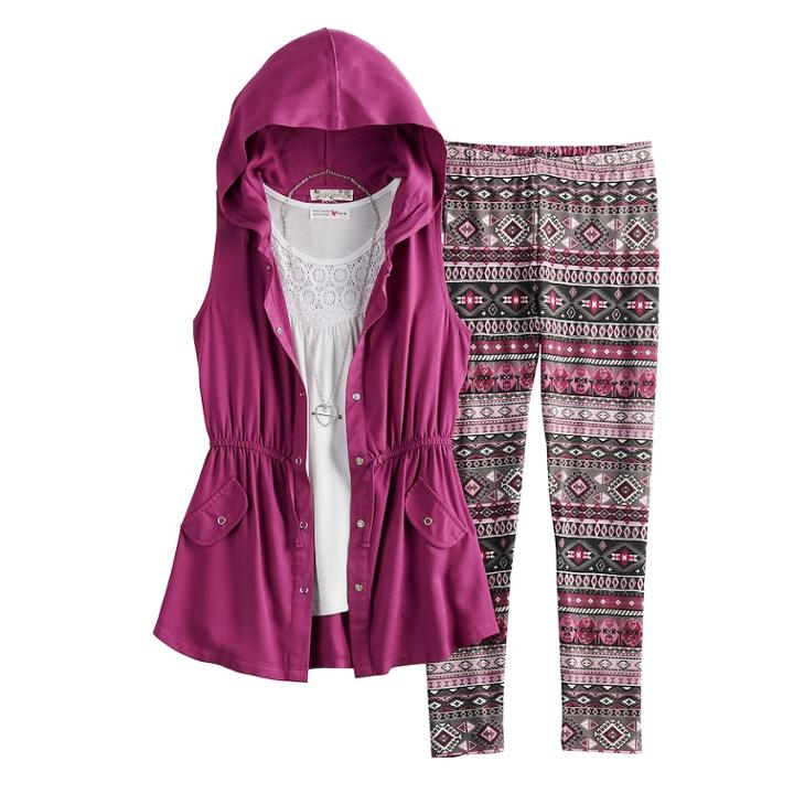 Girls 7-16 Knitworks Tank Top, Leggings & Anorak Hoodie Vest Set With Necklace, Size: Xl, Dark Red