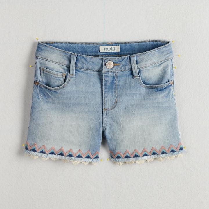 Girls 7-16 & Plus Size Mudd&reg; Embroidered Trim & Frayed Hem Denim Shorts, Size: 14 1/2, Dark Blue