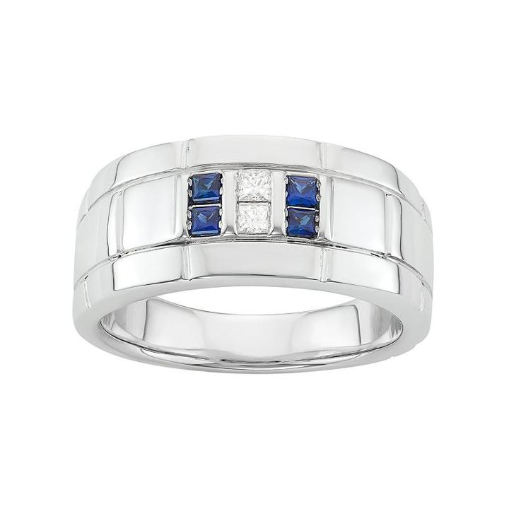 Men's Sterling Silver Lab-created Sapphire & 1/10 Carat T.w. Diamond Ring, Blue