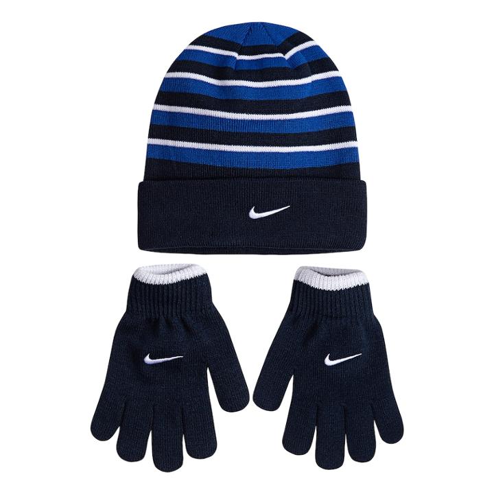 Boys 4-20 Nike Snow-striped Hat & Gloves Set, Dark Blue