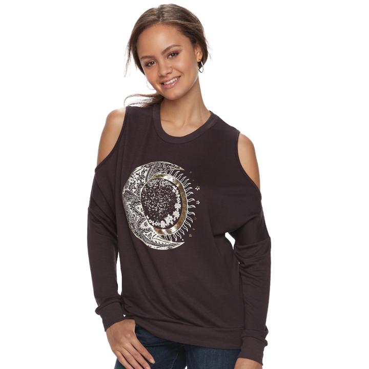 Juniors' About A Girl Moon Cold-shoulder Graphic Sweatshirt, Size: Small, Grey (charcoal)