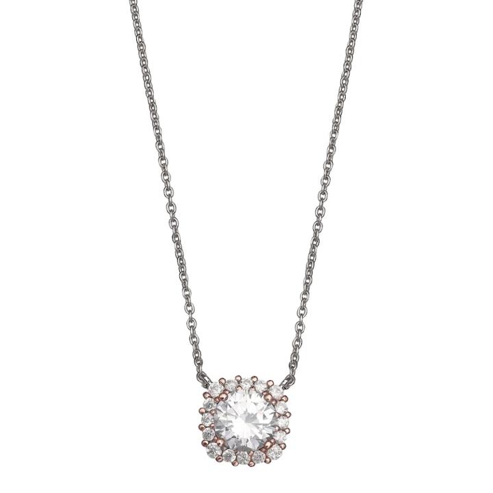 Primrose Two Tone Sterling Silver Cubic Zirconia Square Halo Necklace, Women's, Size: 18, White