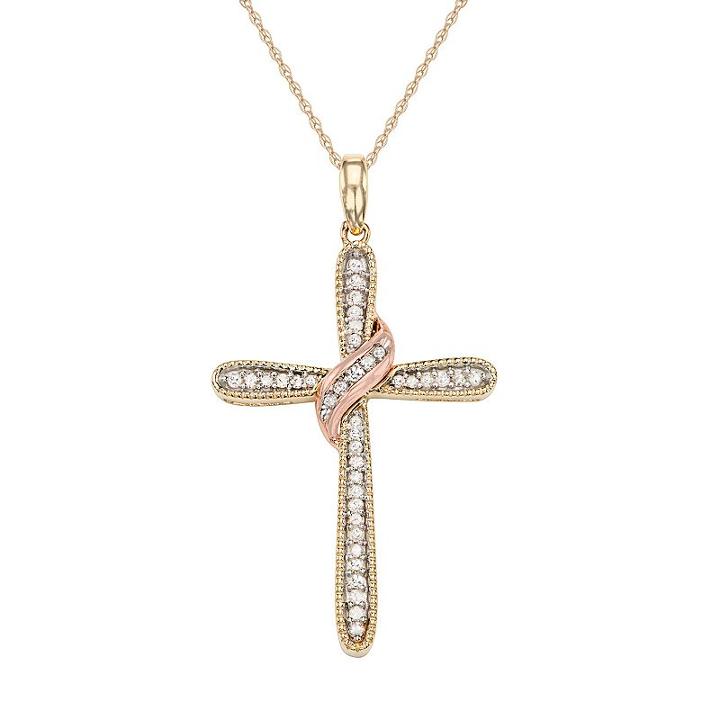Two Tone 10k Gold 1/5 Carat T.w. Diamond Cross Pendant, Women's, Size: 18, White