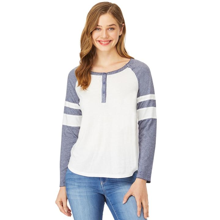 Juniors' Wallflower Varsity Striped Raglan Henley Top, Teens, Size: Medium, White