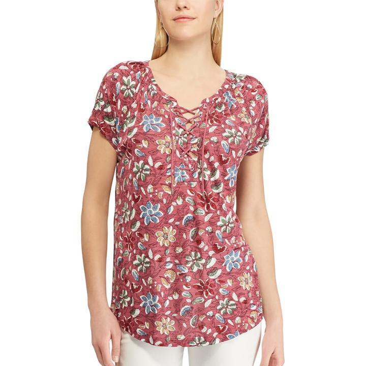 Women's Chaps Print Lace-up Top, Size: Large, Purple