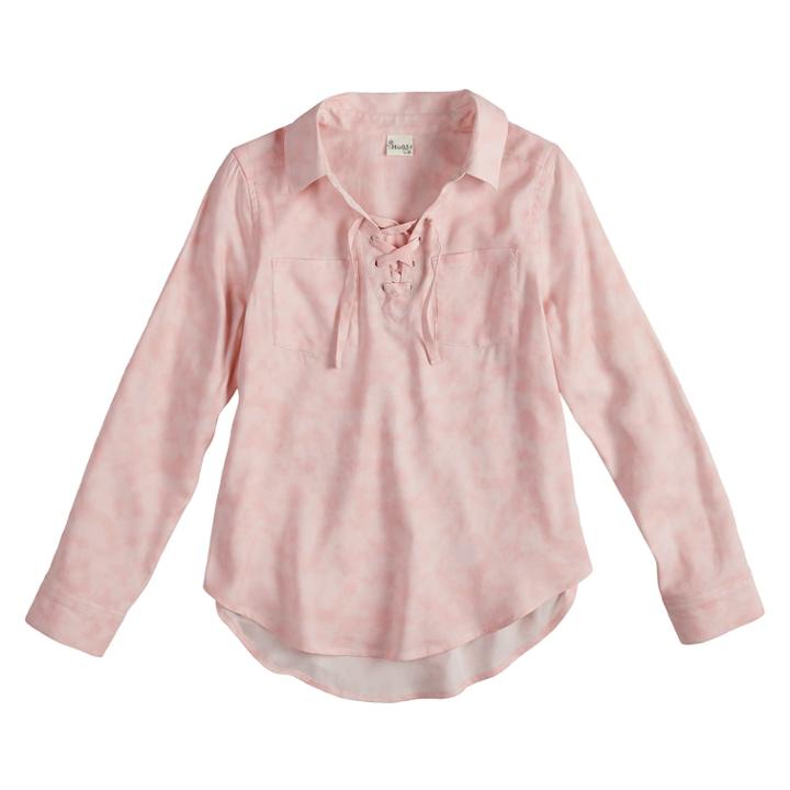 Girls 7-16 & Plus Size Mudd&reg; Lace-up Popover Chambray Shirt, Size: 14, Light Pink