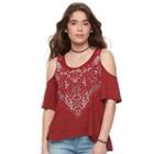 Juniors' Mudd&reg; Print Cold Shoulder Top, Girl's, Size: Large, Dark Red