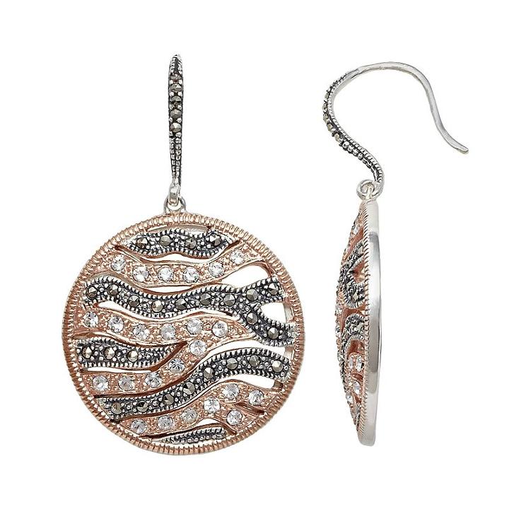 Lavish By Tjm Two Tone 18k Rose Gold Over Silver Crystal Wavy Disc Drop Earrings, Women's, Grey