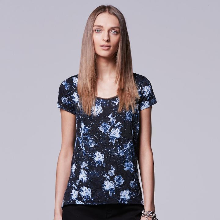 Petite Simply Vera Vera Wang Printed Crinkle Tee, Women's, Size: L Petite, Dark Blue