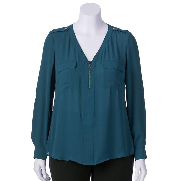 Juniors' Plus Size Candie's&reg; Zip-neck Roll-tab Top, Girl's, Size: 1xl, Blue Other