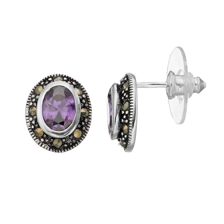 Silver Luxuries Cubic Zirconia & Marcasite Oval Halo Drop Earrings, Women's, Purple