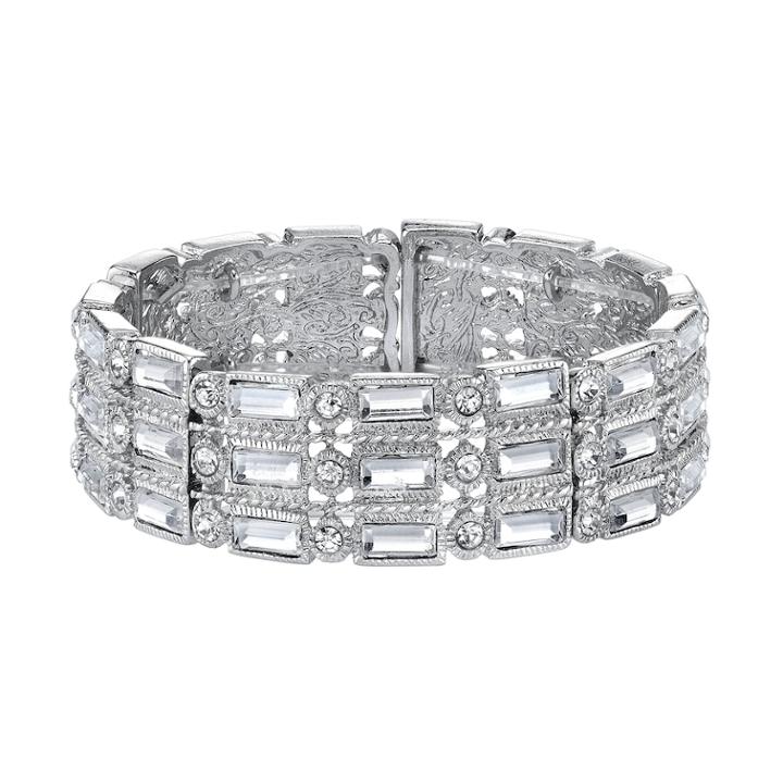 1928 Simulated Crystal Baguette Stretch Bracelet, Women's, Size: 7, Grey