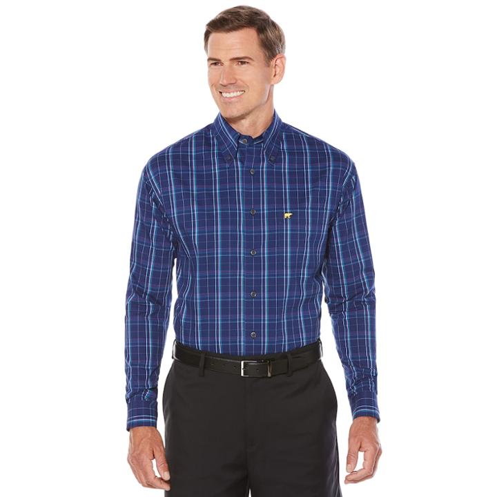 Men's Jack Nicklaus Regular-fit Staymotion Plaid Button-down Shirt, Size: Medium, Blue (navy)