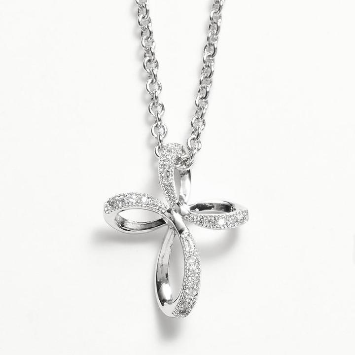 The Silver Lining Silver Plated Cubic Zirconia Ribbon Cross Pendant, Women's, Size: 18, White