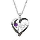 Silver Luxuries Cubic Zirconia & Marcasite Mom Heart Pendant Necklace, Women's, Size: 18, Purple
