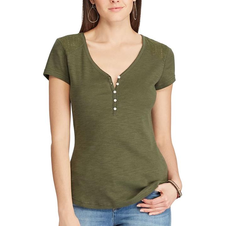 Women's Chaps Lace Yoke Henley, Size: Xs, Green