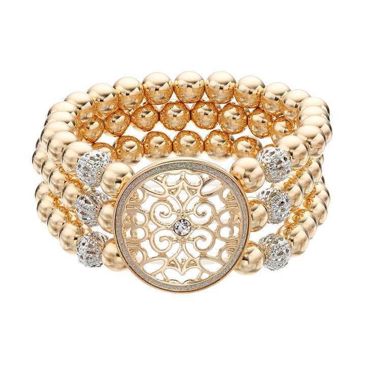 Filigree Disc Beaded Multi Strand Stretch Bracelet, Women's, Multicolor