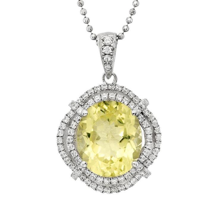 Lemon Quartz And Cubic Zirconia Platinum Over Silver Oval Halo Pendant Necklace, Women's, Size: 18, Yellow