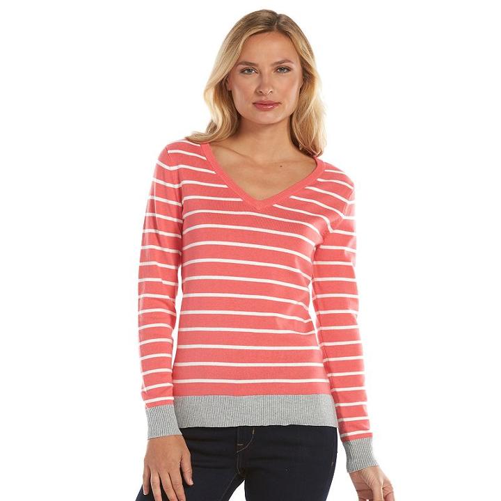 Women's Caribbean Joe Striped V-neck Sweater, Size: Large, Light Pink