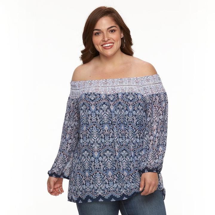Plus Size Ab Studio Scroll Off-the-shoulder Smocked Top, Women's, Size: 1xl, Ovrfl Oth