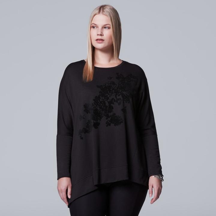 Plus Size Simply Vera Vera Wang Asymmetrical Flocked Sweatshirt, Women's, Size: 1xl, Black