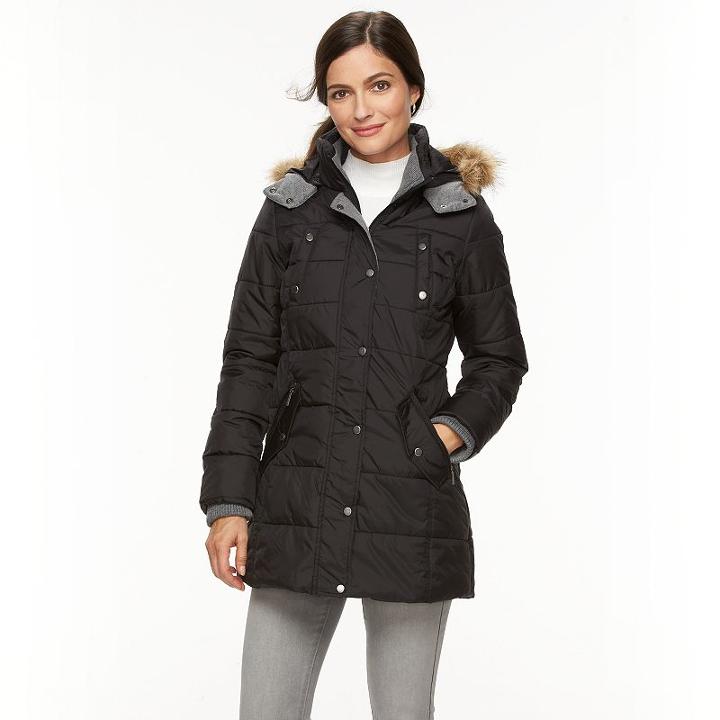Women's Weathercast Hooded Puffer Jacket, Size: Large, Black