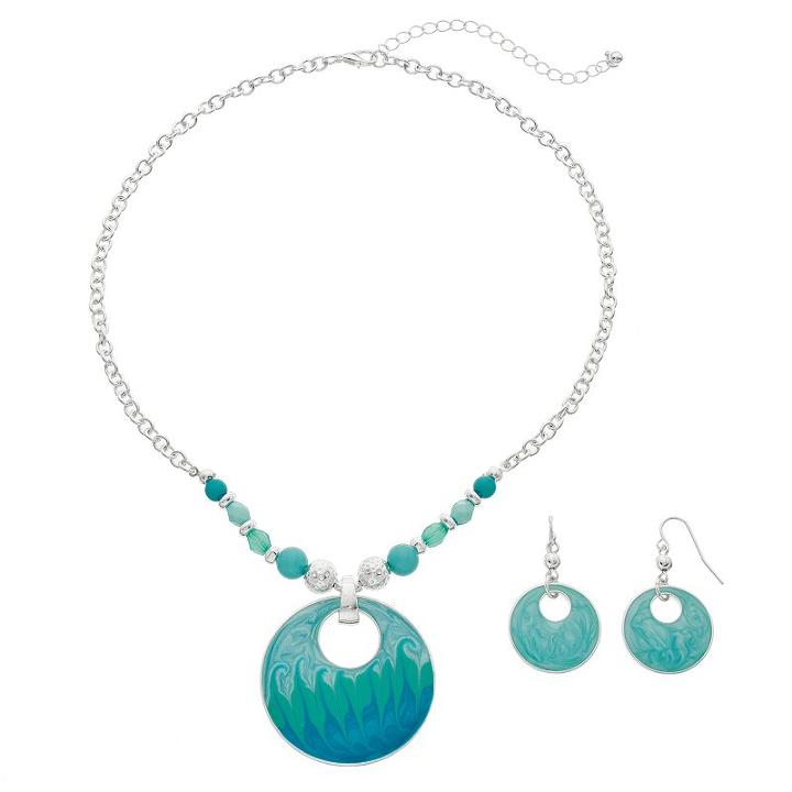 Aqua Marbled Cutout Circle Pendant Necklace & Drop Earring Set, Women's, Turq/aqua