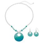 Aqua Marbled Cutout Circle Pendant Necklace & Drop Earring Set, Women's, Turq/aqua