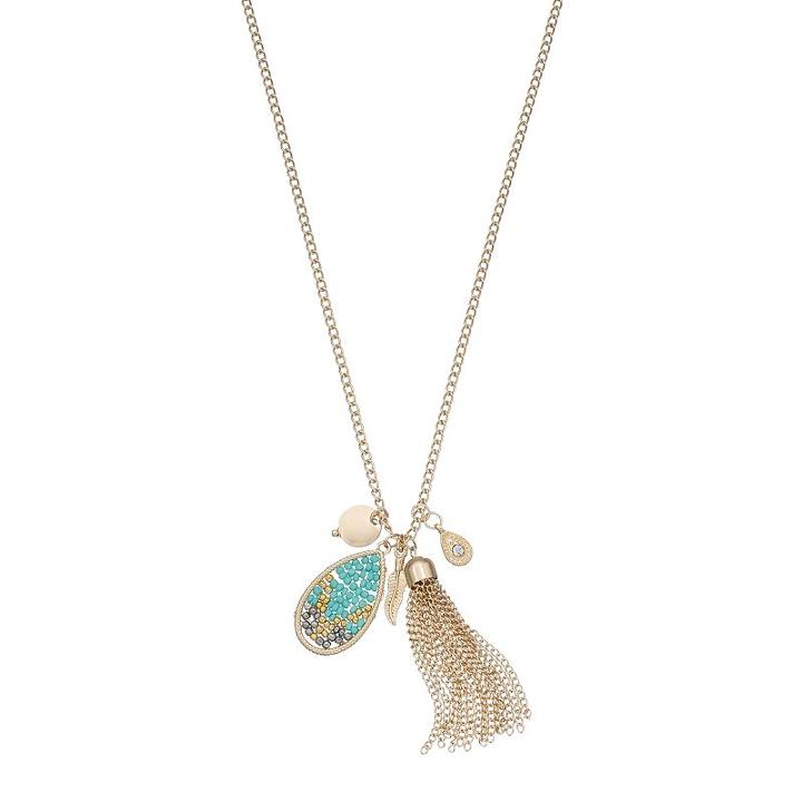 Seed Bead Teardrop & Tassel Charm Long Necklace, Women's, Turq/aqua