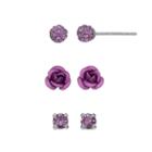 Silver Luxuries Silver Tone Crystal Fireball & Rose Stud Earring Set, Women's, Purple