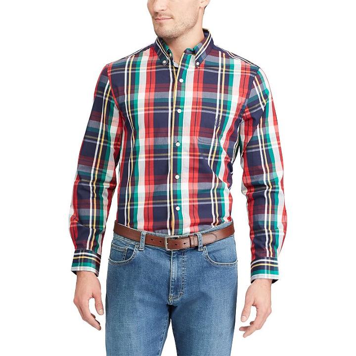 Men's Chaps Classic-fit Patterned Easy-care Stretch Button-down Shirt, Size: Medium, Blue (navy)