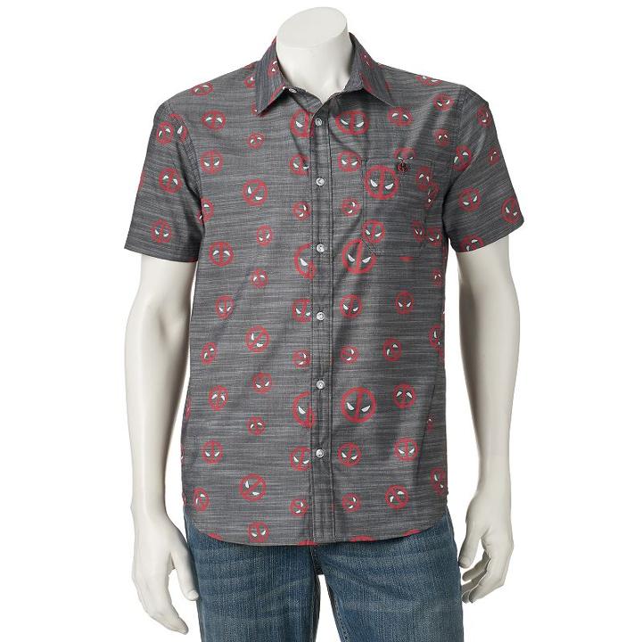 Men's Marvel Deadpool Button-down Shirt, Size: Xl, Grey