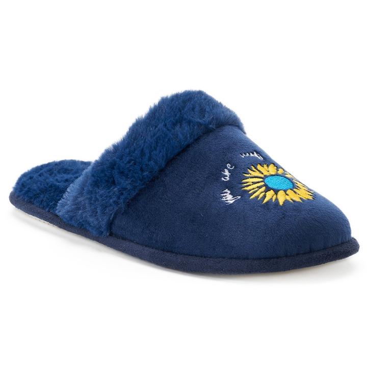 Women's Love This Life Embroidered Faux Fur Slippers, Size: Large, Blue (navy)
