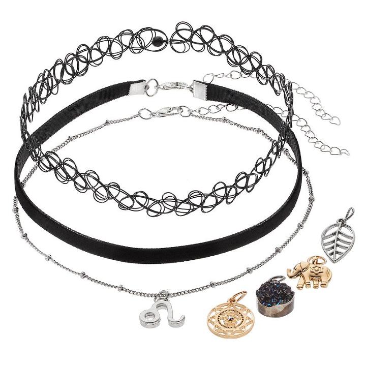 Mudd&reg; Leo, Elephant & Leaf Interchangeable Charm Choker Necklace Set, Women's, Black