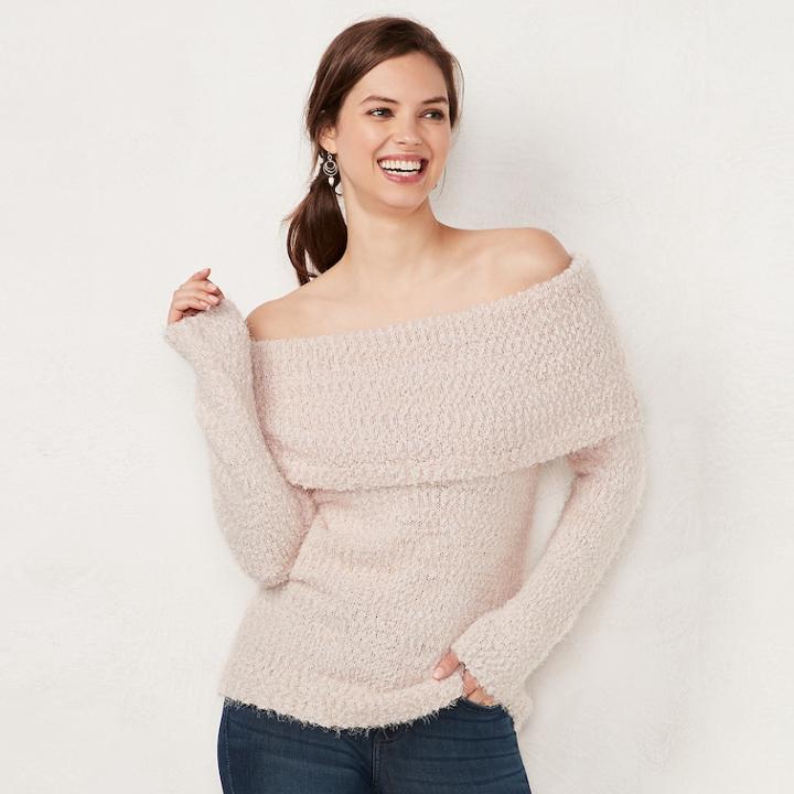 Women's Lc Lauren Conrad Off-the-shoulder Chenille Sweater, Size: Large, Brt Pink