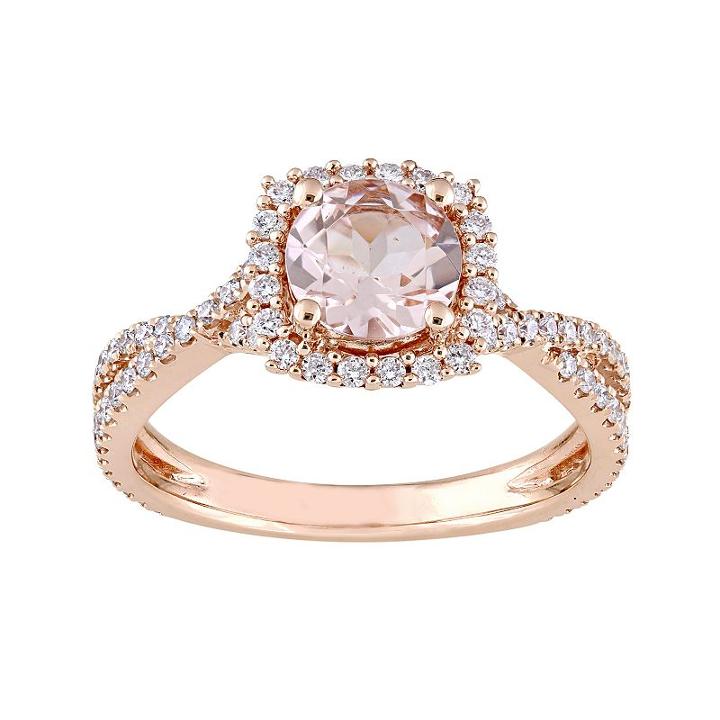 14k Rose Gold Morganite & 1/2 Carat T.w. Diamond Halo Ring, Women's, Size: 7, Pink