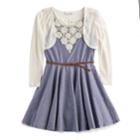 Girls 7-16 Knitworks Crochet Shrug & Crochet Neckline Belted Chambray Skater Dress Set, Size: 12, Turquoise/blue (turq/aqua)