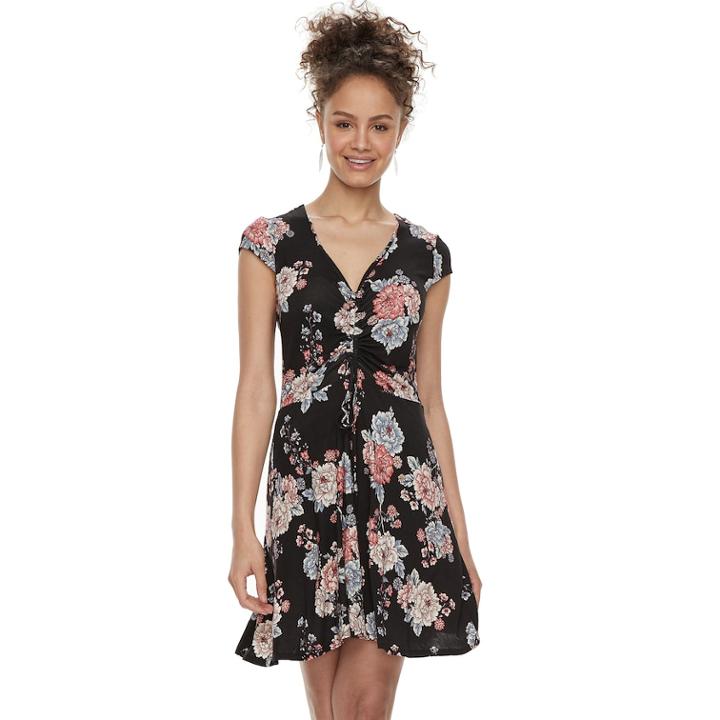 Juniors' Love, Fire Cinch Front Skater Dress, Teens, Size: Xl, Black Floral
