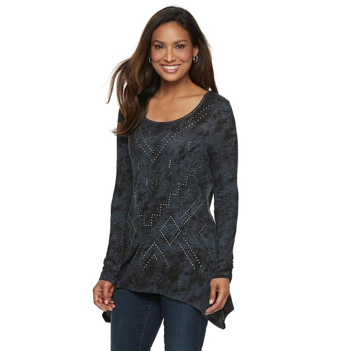Women's World Unity Embellished Shark-bite Hem Tee, Size: Xl, Grey (charcoal)