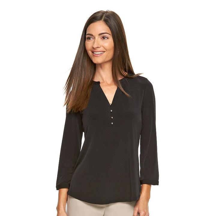 Women's Dana Buchman Knit Henley Top, Size: Large, Black