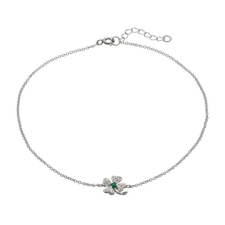Sophie Miller Cubic Zirconia And Simulated Emerald Sterling Silver Four Leaf Clover Anklet, Women's, Size: 10, Green