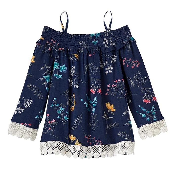 Girls 4-12 Sonoma Goods For Life&trade; Smocked Off-the-shoulder Floral Top, Girl's, Size: 12, Blue