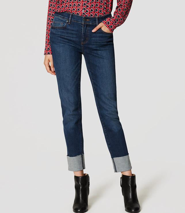Loft Modern Frayed Cuff Straight Leg Jeans In Vintage Dark Indigo