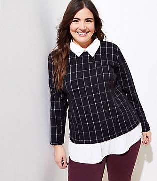Loft Plus Windowpane Collared Mixed Media Top