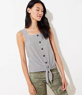 Loft Striped Button Front Tie Hem Tank