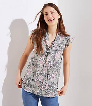 Loft Floral Flutter Tie Neck Top
