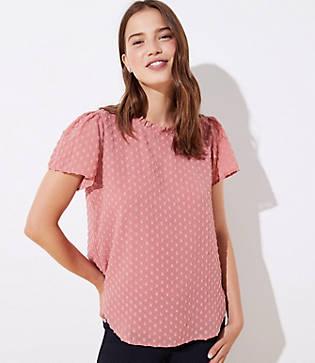 Loft Dotted Ruffle Neck Flutter Top