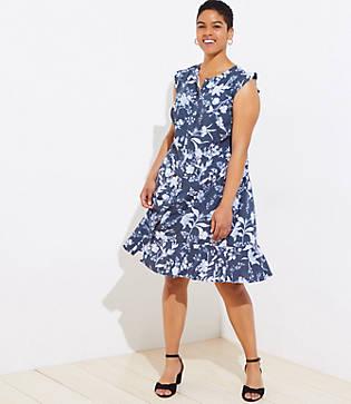 Loft Blue Toile Pleat Neck Belted Shift